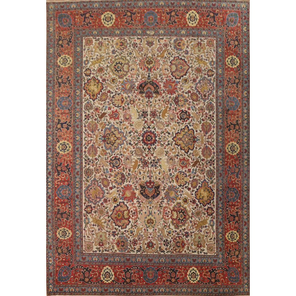 Signed Tabriz Persian Antique Area Rug Handmade Wool Carpet - 9'0" x 12'10"