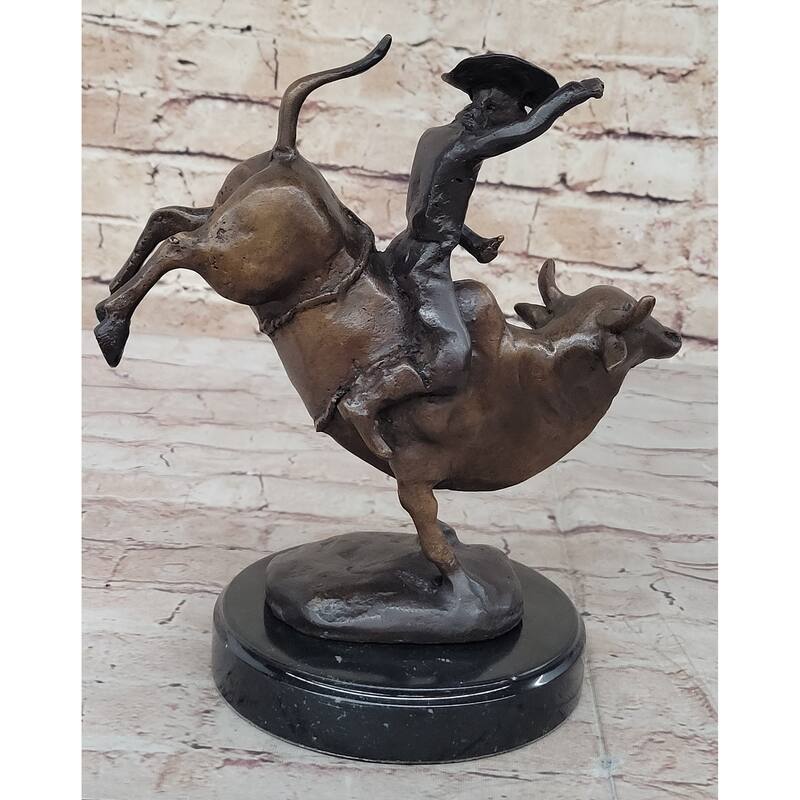 Rodeo Bull Rider Cowboy Bronze Statue Sculpture Marble Base Western Decor 9 Inches X 9 Inches