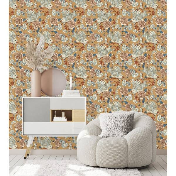 Beige Floral Wallpaper with Birds Peel and Stick and Prepasted - Bed ...