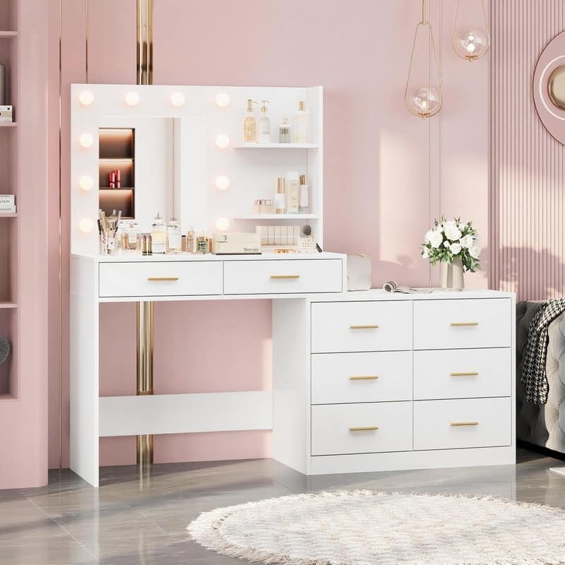 61" Makeup Vanity Desk with Mirror and Lights, 8 Drawers, 2 Shelves