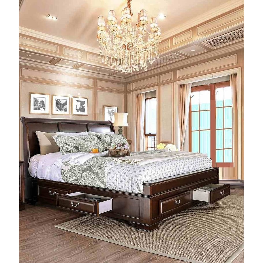Elegant 1Pc Storage Bed Brown Cherry Finish