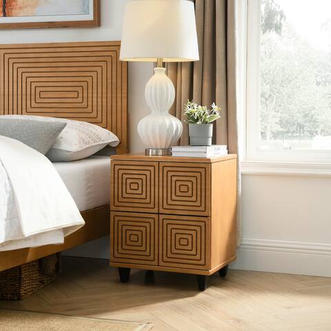 BIKAHOM Solid Wood 2 Drawer Storage Beside Table, Nightstand/End Table with Two Unique Geometric Details Drawers for Bedroom