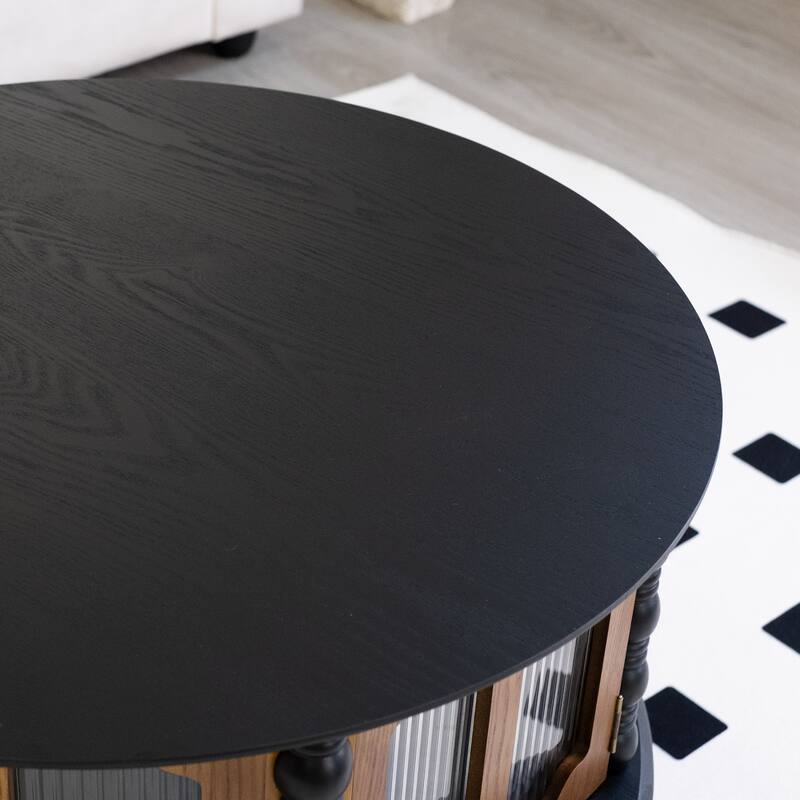 Rustic Round Coffee Table with Storage, 31.5" Wood Accent Table Mid Century Modern Center Tables with Door and Leg