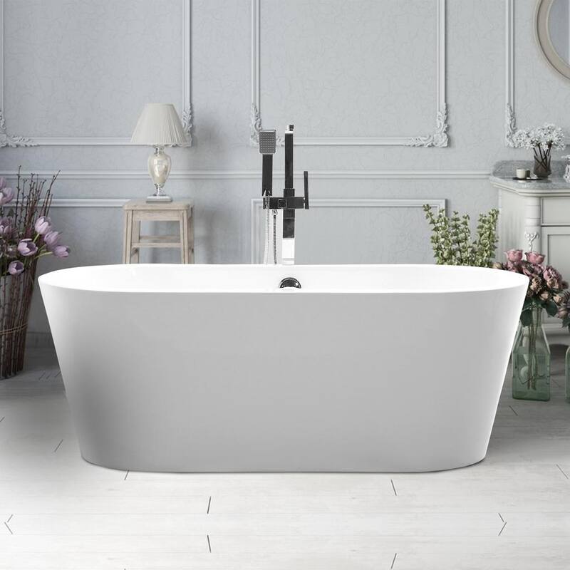 Vanity Art 67.7 Inch Freestanding Acrylic Bathtub Stand Alone Soaking Tub with Polished Chrome Round Overflow & Pop-up Drain