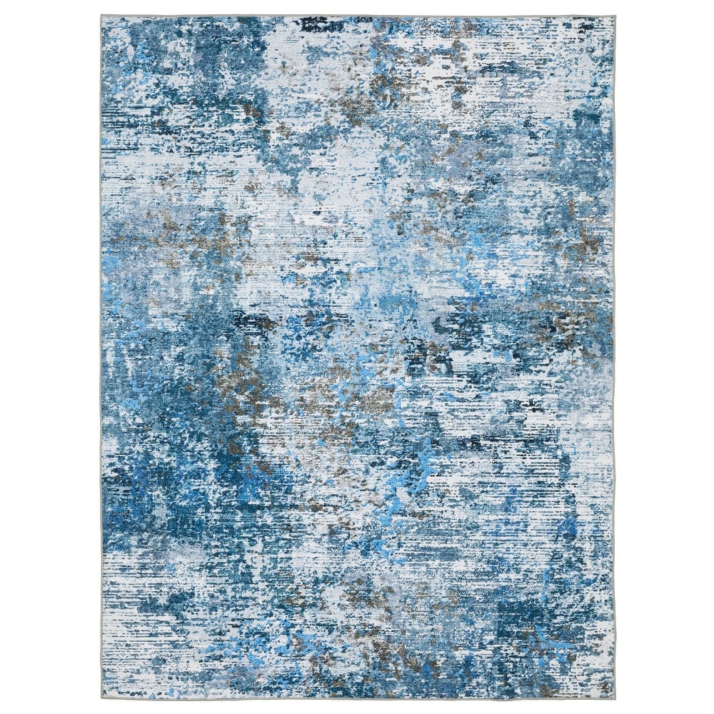 Vista Home Sunderland Icy Abstract Washable Blue/Ivory Area Rug Mat