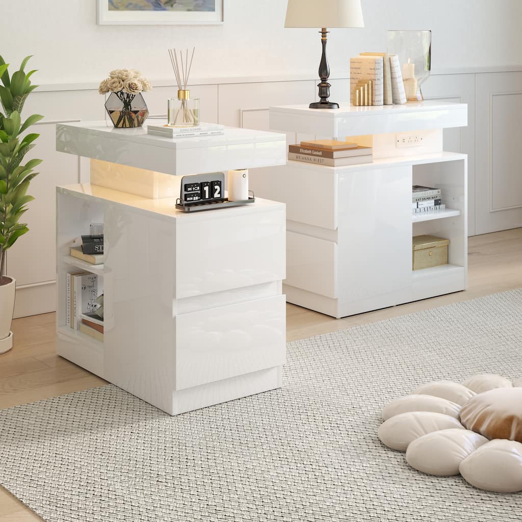 LED End Table with Power Outlet High Glossy Sofa Side Table Small Nightstand with Charging Station for Living Room
