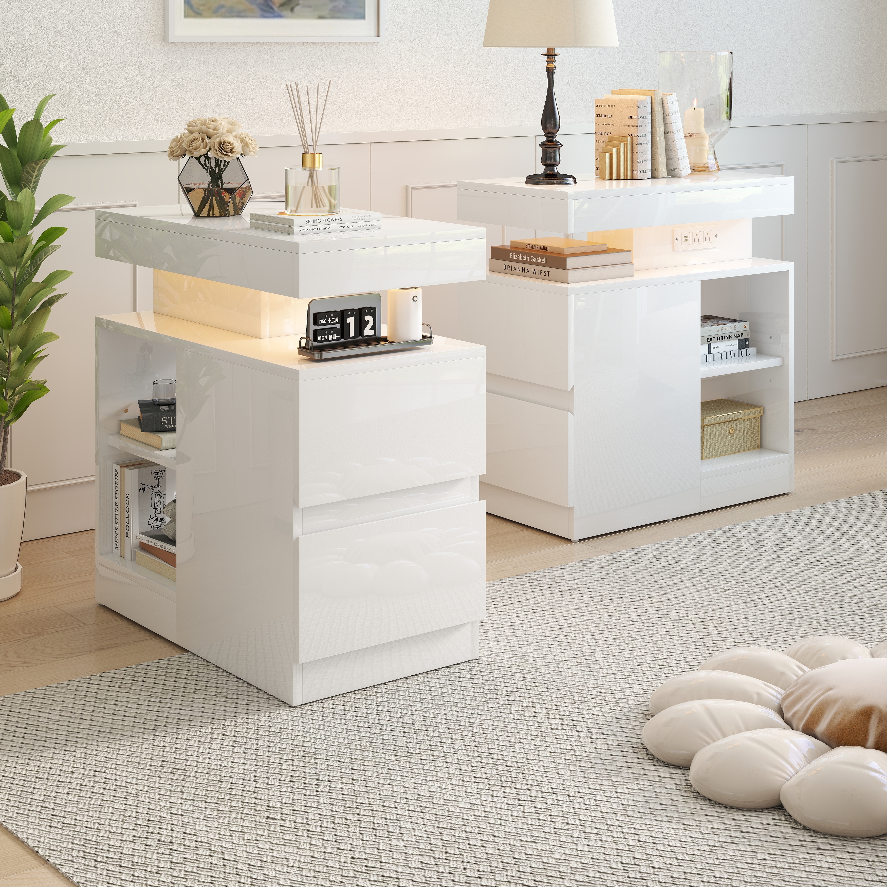 LED End Table with Power Outlet High Glossy Sofa Side Table Small Nightstand with Charging Station for Living Room