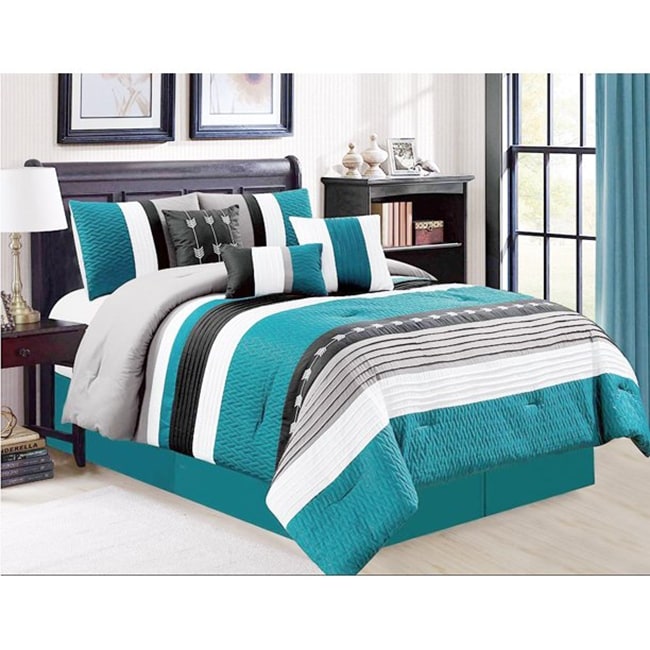 Luxury 7pc Blue & Green Large Stripes Comforter Set AND Decorative Pillows 