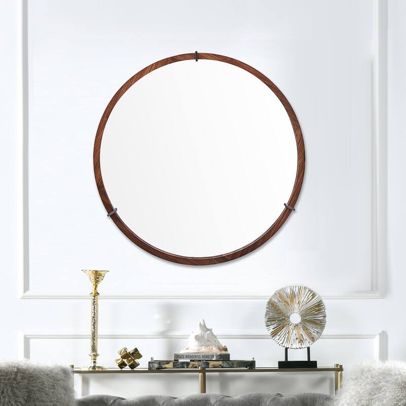 Mid-Century Modern Round Accent Mirror - Brown Walnut Wood & Veneer