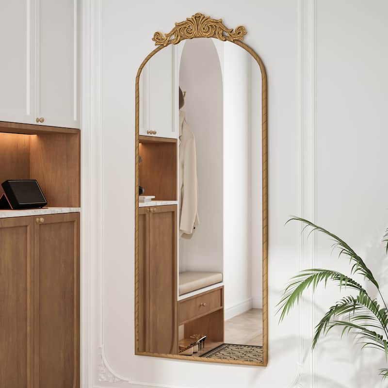 58"x24" Arched Full Body Hanging Wall Mounted Mirror with Vintage Ornate Carved Applique on Top