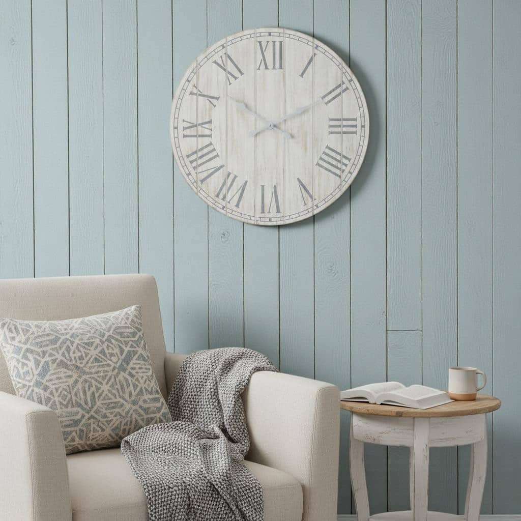 HomeRoots 23" Light Gray And Dark Gray Wood Plank Vintage Style Round Wall Clock - 23.01 in. x 23.01 in. x 1.13 in.