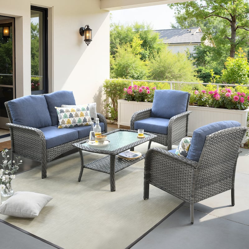 HOOOWOOO 4-piece Wicker Outdoor Conversation Set with Glass Coffee Table - Denim Blue