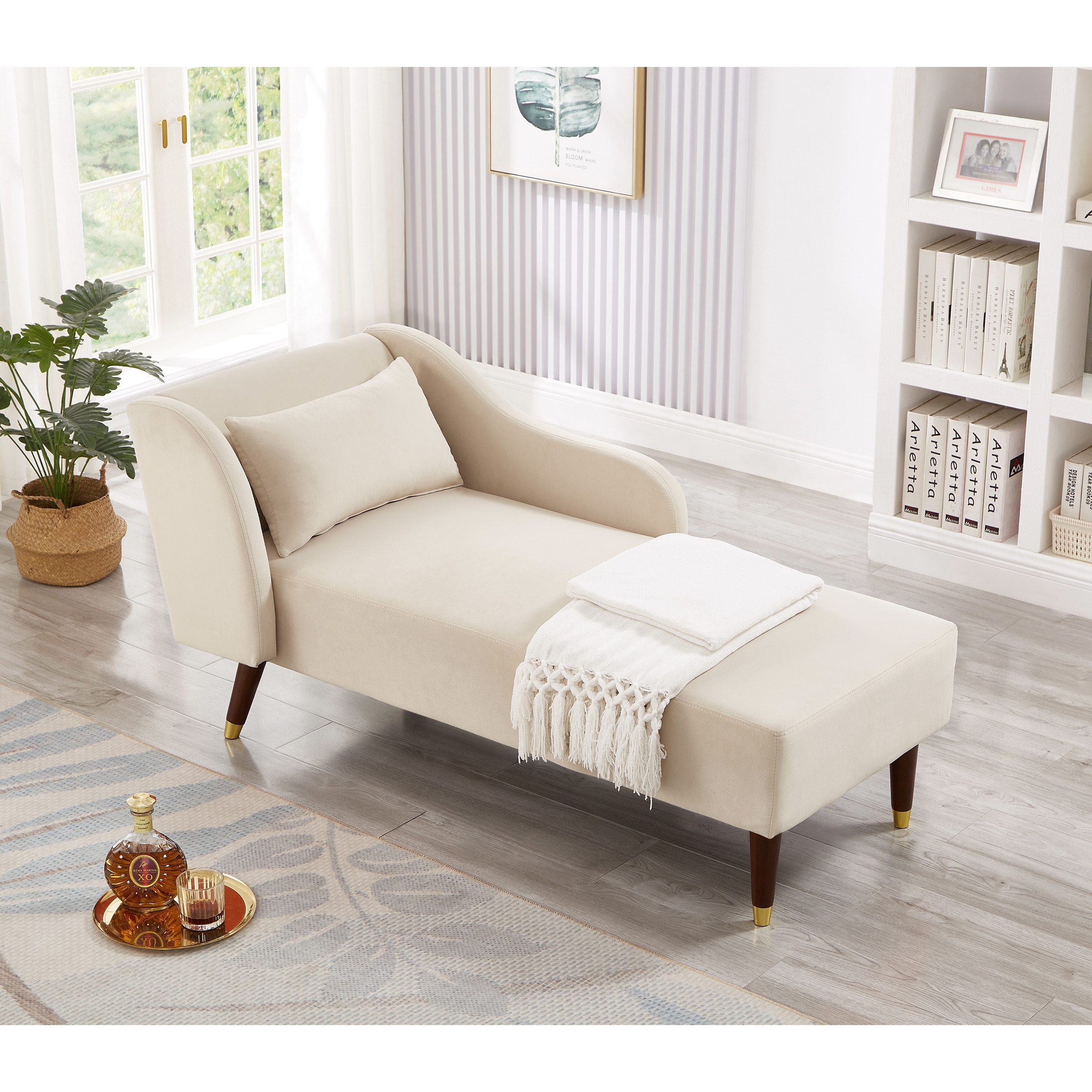 Beige Velvet Sofa Solid Wood Frame Chaise Lounge Couch w Pillows Bed Bath Beyond 39714980