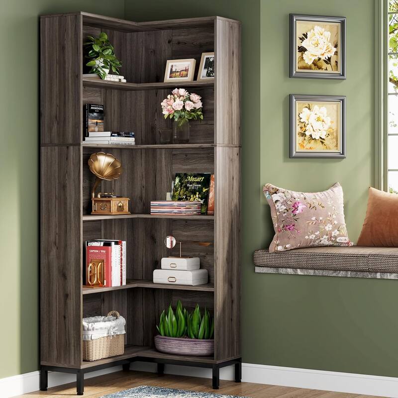 71 inches 6 Tiers Bookcase, L-Shaped Bookshelf, Industrial Etagere Bookcase Tall Storage Display Shelves