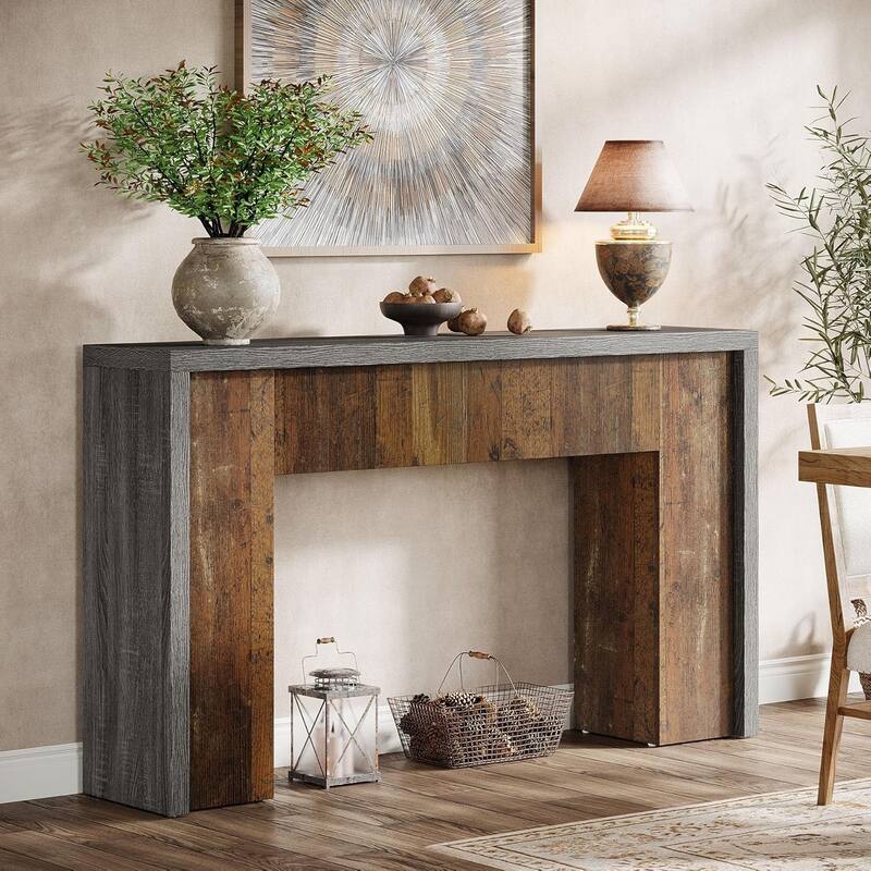 55.12 Inches Brown/ Grey Engineered Wood Entryway Table, Farmhouse Console Table for Living Room - Brown & Grey