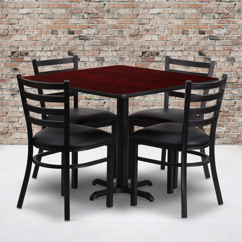 36'' Square Laminate Table Set with X-Base and 4 Ladder Back Metal Chairs