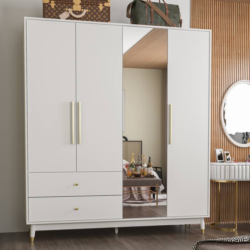 Wooden 2 Drawers 4 Doors Wardrobe Armoire With Mirror (Gray/Black)