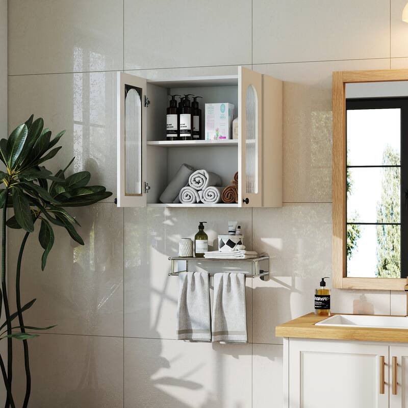 Arched Glass Door Wall Cabinet - Floating Display Cabinet with Shelves for Kitchen, Bathroom, Living Room