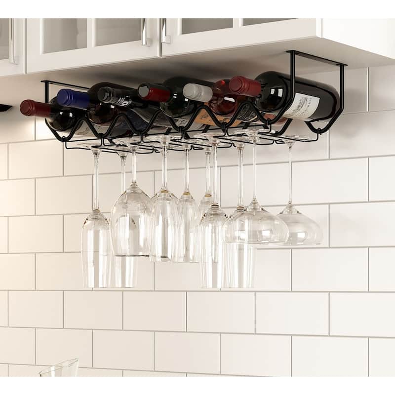 Metal Wine Glass Holder & Wine Bottle Rack for Kitchen and Bar Decor, Black