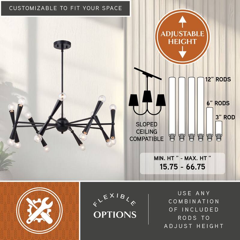 Drake 16-Light 29 in. Wide Matte Black Mid-Century Modern Chandelier, Adjustable Height Hanging Ceiling Pendant Fixture