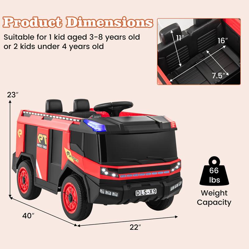 Gymax 2-Seater Kids Ride on Fire Truck w/Remote Control Water Gun