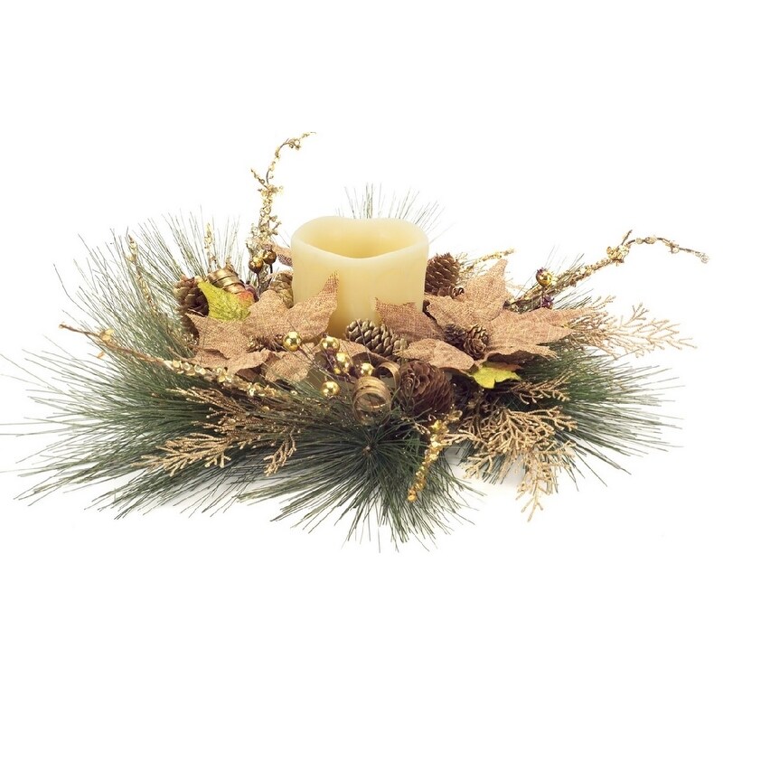 Shop 19 Green And Gold Burlap Poinsettia Christmas Candle Ring Holder Overstock 16560976