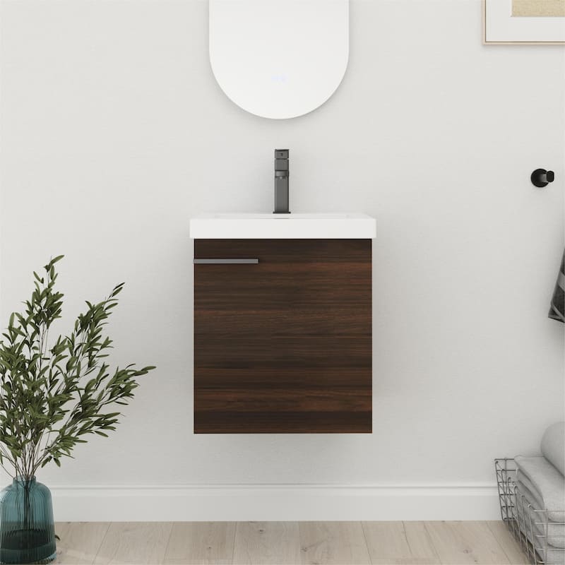 Bathroom Vanity With Sink In 16/18 Inch, Floating Bathroom Vanity With Soft Close Door - 18.11"W x 14.96"D x 20.87"H - California Walnut