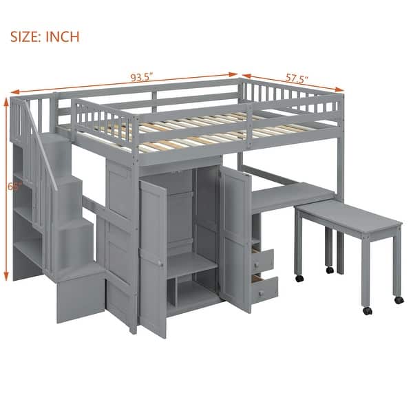 dimension image slide 2 of 3, Full Size Loft Bed with Stairs, Bookshelf, Drawers, Desk & Wardrobe - Space-Saving Multifunctional Furniture