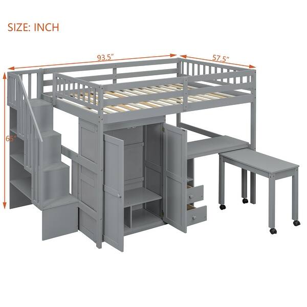 dimension image slide 1 of 3, Multifunctional Loft Bed with Stairs,Bookshelf,Drawers,Desk & Wardrobe,Full Size for Bedroom