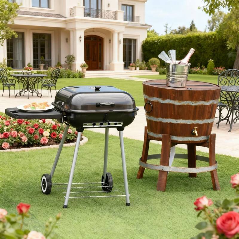 GDFStudio - Outdoor Charcoal Barbecue Grill with Shelf and Wheels