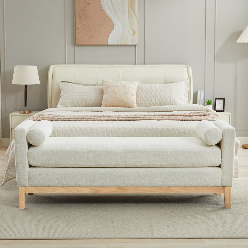 Bedroom Bench with Pillows and Solid Wood Legs for Living Rooms and Entryway