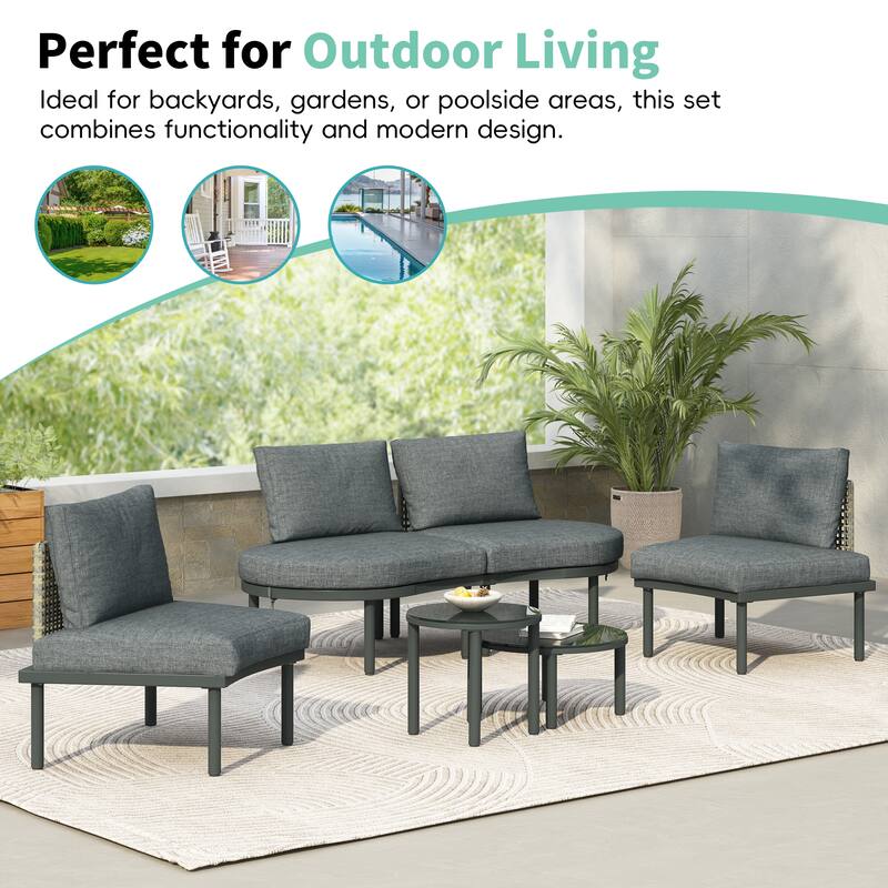 6-Piece Patio Half Moon Sofa Set with 2 High-Low Coffee Tables, 4 Pillows & Cushions