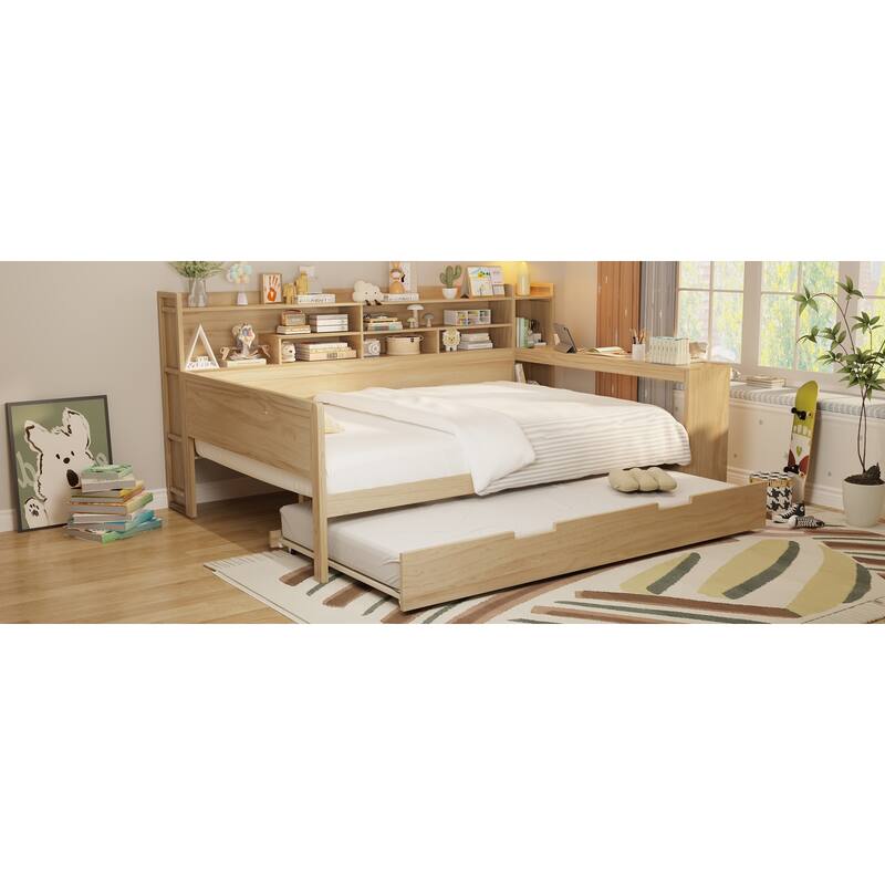 Wooden Full Size Daybed with Twin Trundle and Study Desk, Multi-functional Design with Storage Shelves, Bedroom Furniture