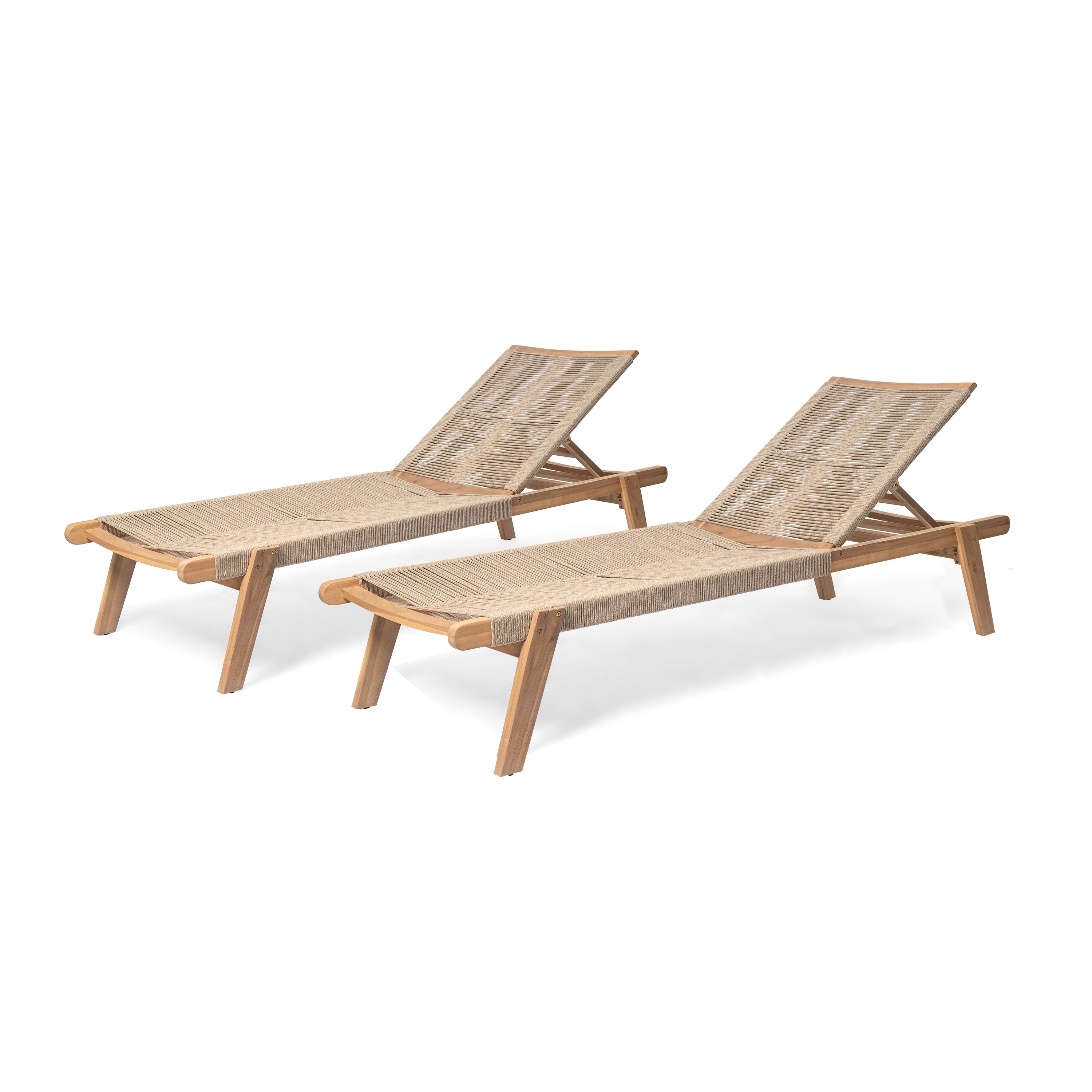 Roomfitters Catania Outdoor Acacia Wood Chaise Lounge with Rope Seat, Adjustable Recliner, Teak Finish Set of 2