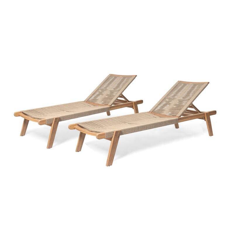 Roomfitters Catania Outdoor Acacia Wood Chaise Lounge with Rope Seat, Adjustable Recliner, Teak Finish Set of 2 - Teak+ Beige