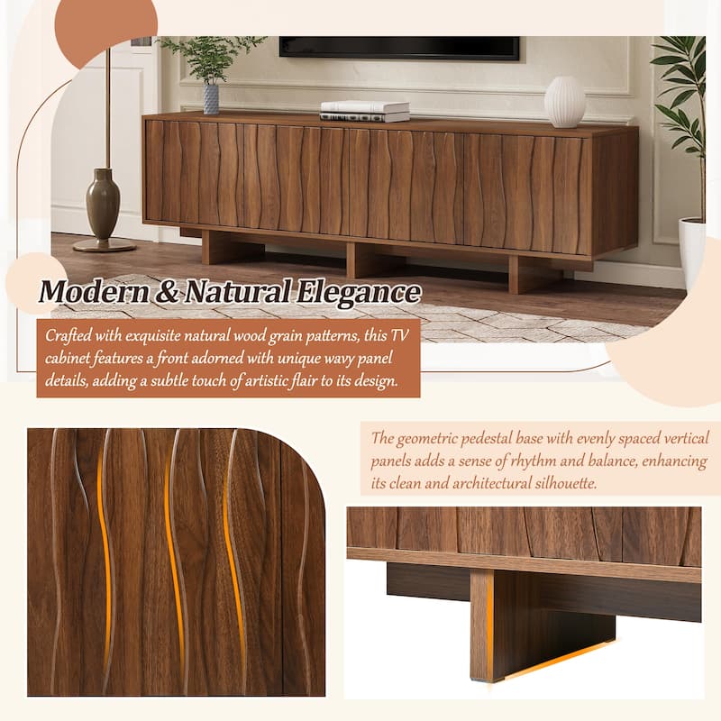 Retro Style Wood Grain TV Stand with Wavy Door Design for TVs up to 75", Rustic Media Console with Ample Storage Space