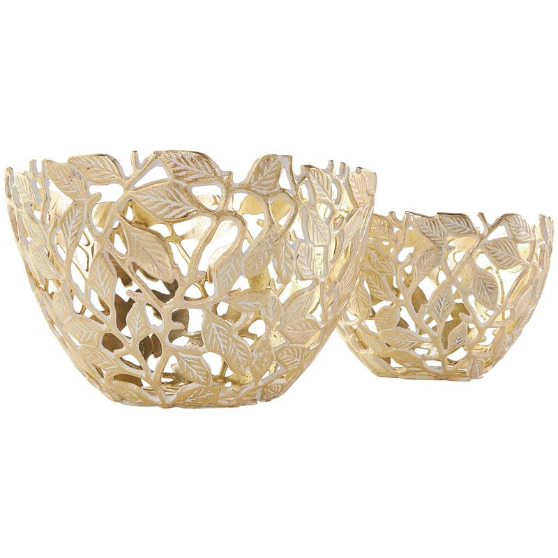 Gold Aluminum Metal Leaf Decorative Decorative Bowl with White Detailing (Set of 2)