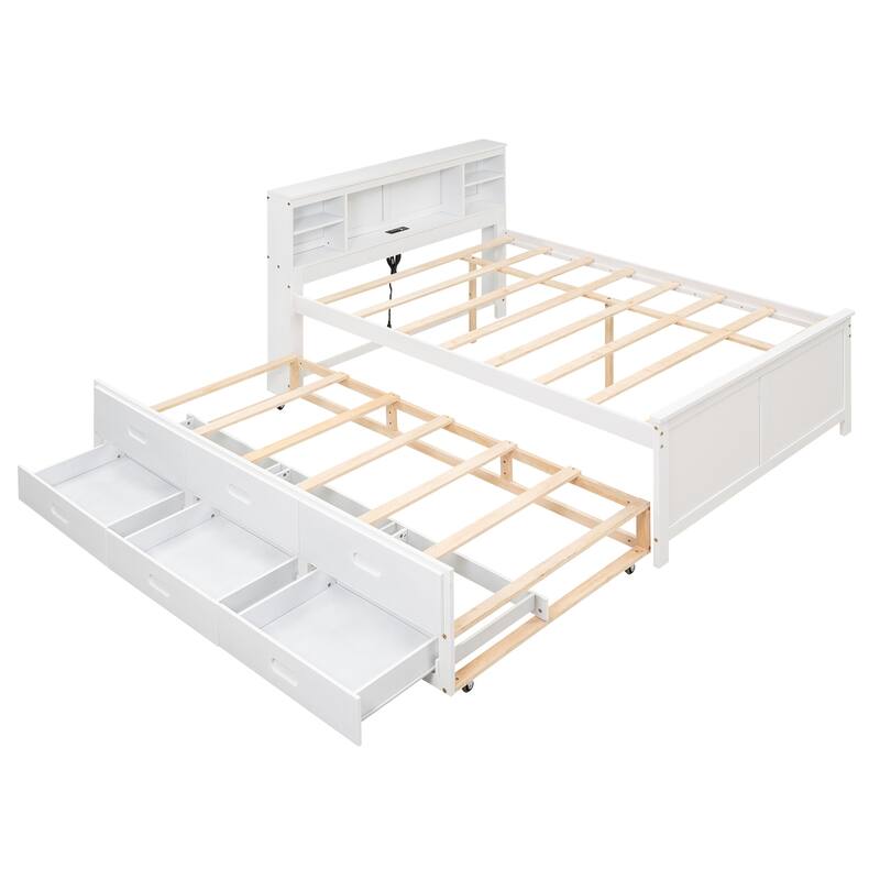 Wooden Platform Bed w/Trundle & 3 Drawers Headboard Charging Station