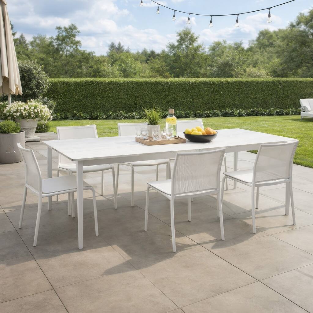 Rue 71 Inch Outdoor Patio Dining Table, Sintered Stone Top, White Frame