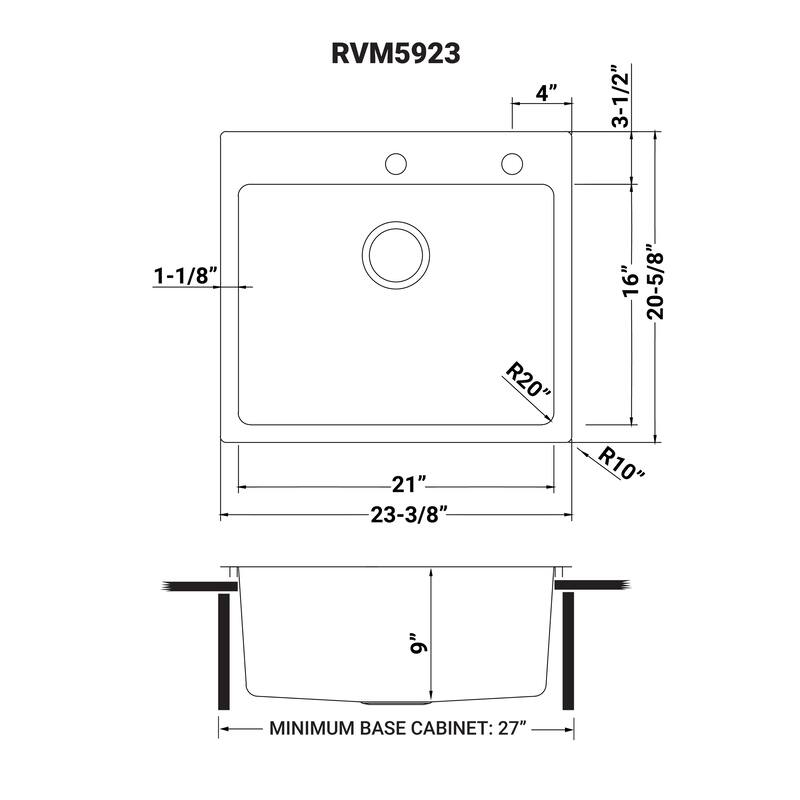 Ruvati 23 x 20 inch Drop-in Topmount Kitchen Sink 16 Gauge Stainless Steel Single Bowl - RVM5923 - 8' x 11'