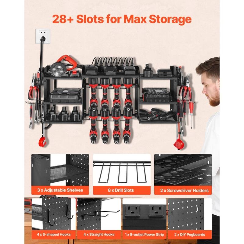 Black 3-Tier Tool Rack with 8-Outlet Strip Adjustable Shelves Pegboard for Workshop - 50.89 x 8.66 x 16.54 in