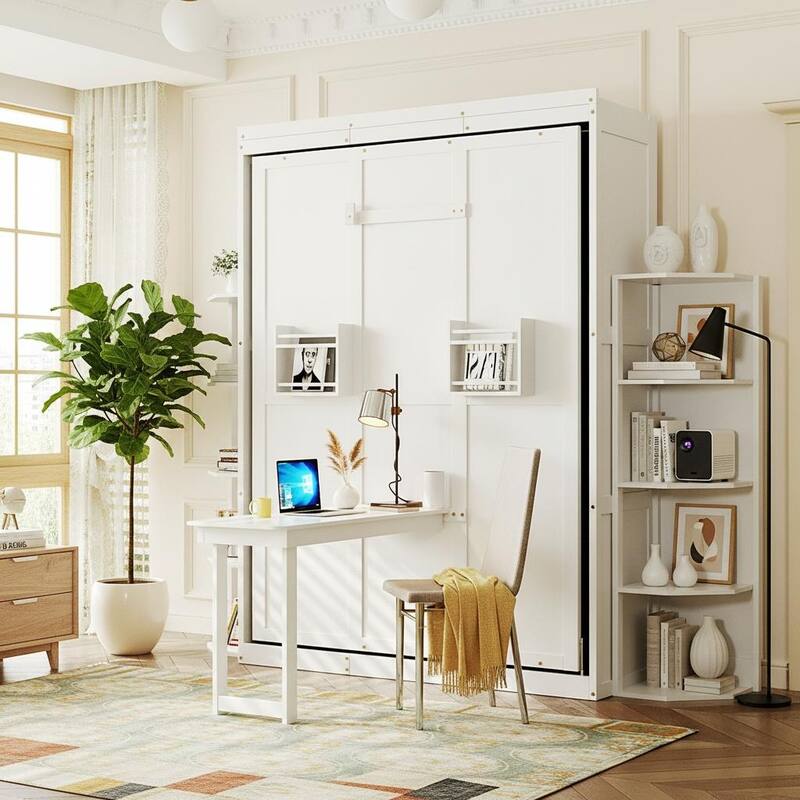 360° Rotating Queen Murphy Wall Bed with Hidden Cabinet, Fold-Down Desk & Dual 3-Tier Bookcase Towers by Harper&Bright Designs