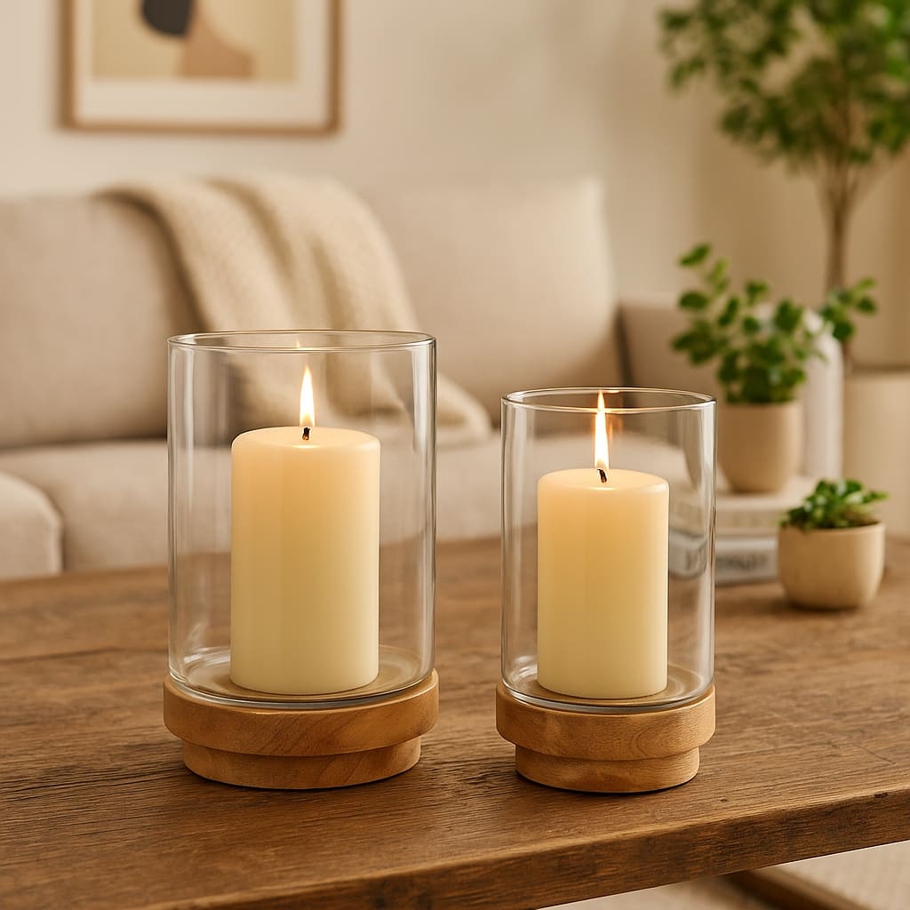 Glass and Wood Candle Stands for Pillar Candles - Set of 2, 9" & 11" Natural