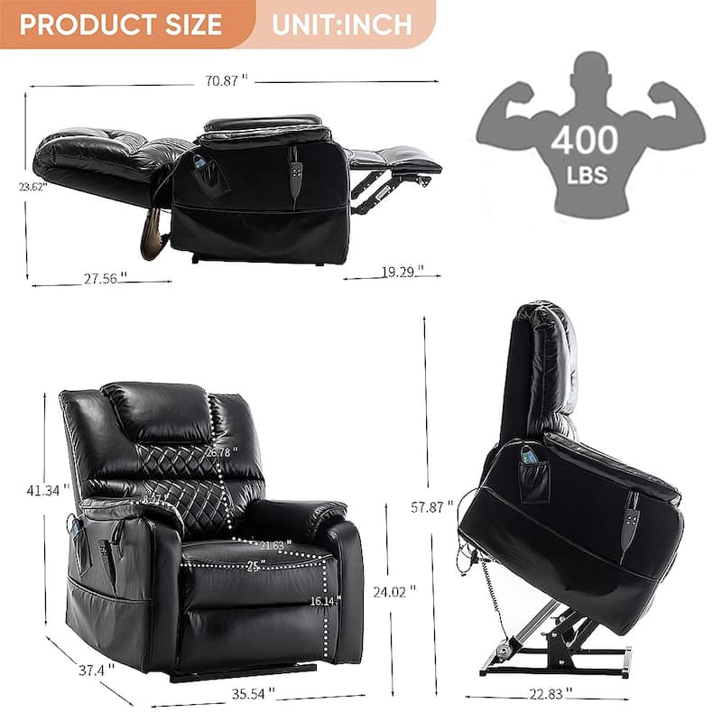 35.5"W Dual Electric Power Lift Recliner,Massage&Heat,180 degrees