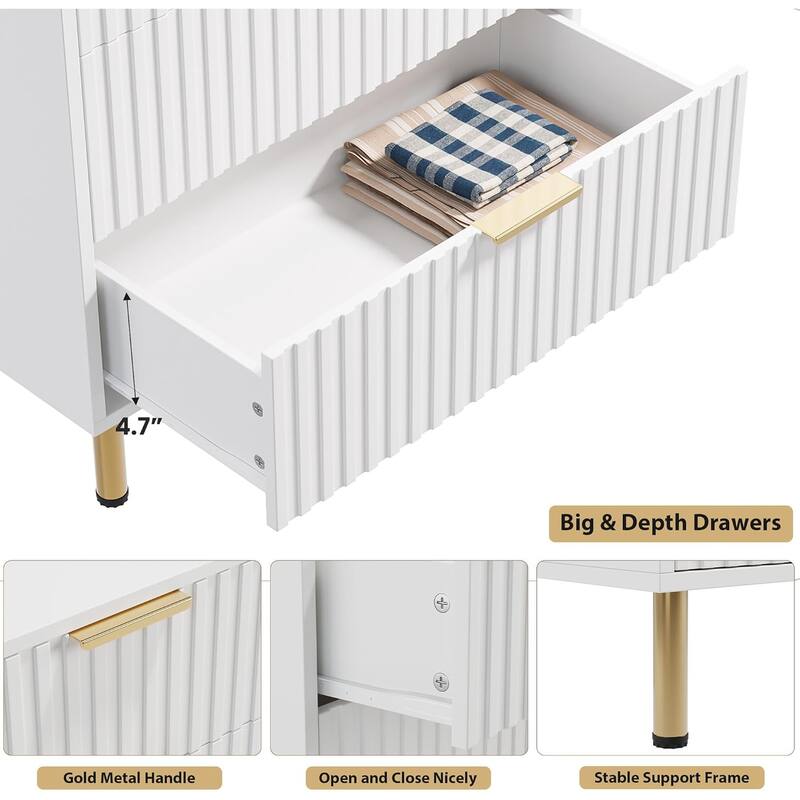 Fluted 5 Drawer Storage Dresser, Tall Chest with Deep Drawers and Wide Top, Wooden Organizer for Living Room