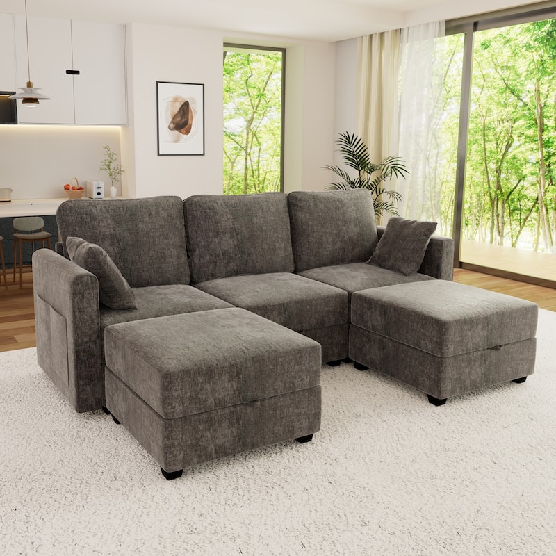 U-Shaped 3-Seater Sectional Sofa with 2 Storage Ottomans