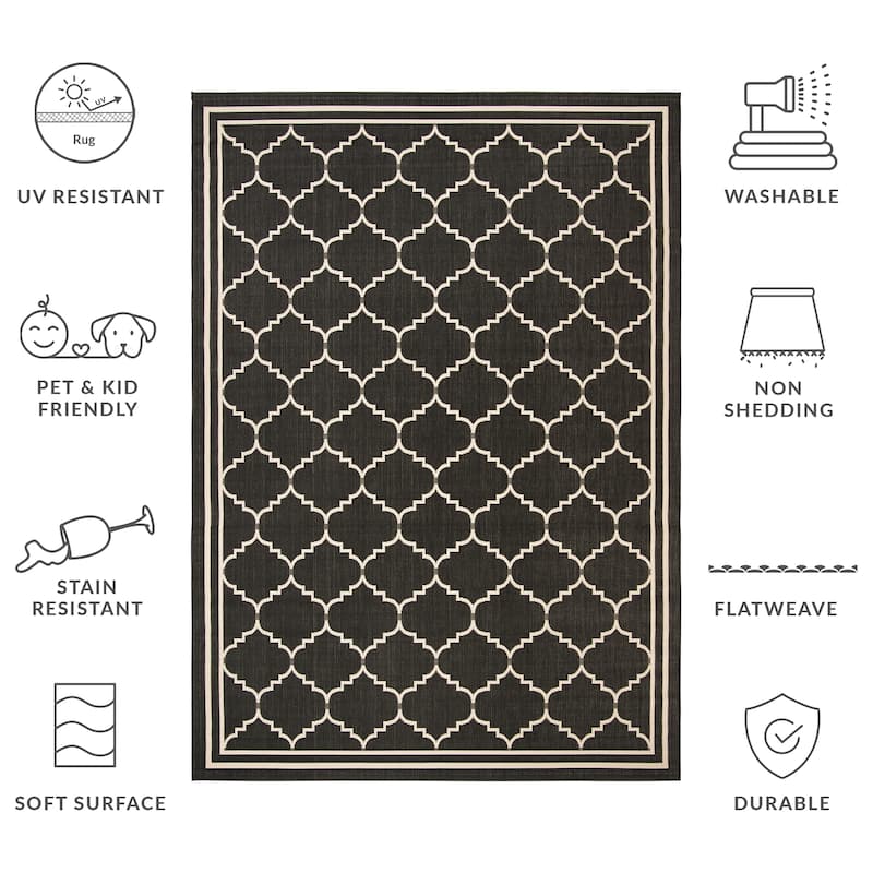 SAFAVIEH Courtyard Willy Indoor /Outdoor Waterproof Patio Backyard Rug - 8' x 11' - Black/Creme
