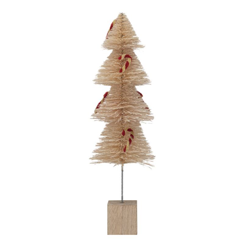 Sisal Bottle Brush Tree with Chenille Candy Cane and Wood Base - Multi