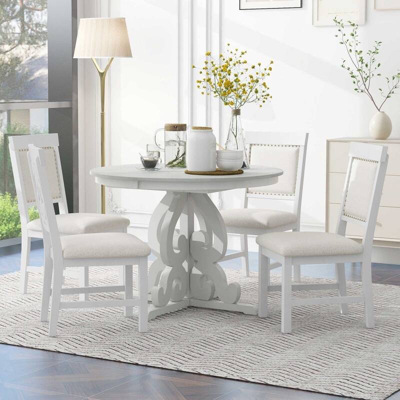 5-Piece Retro Functional Dining Set,a 16-Inch Leaf and 4 Upholstered Chairs for Dining Room and Kitchen - Antique White