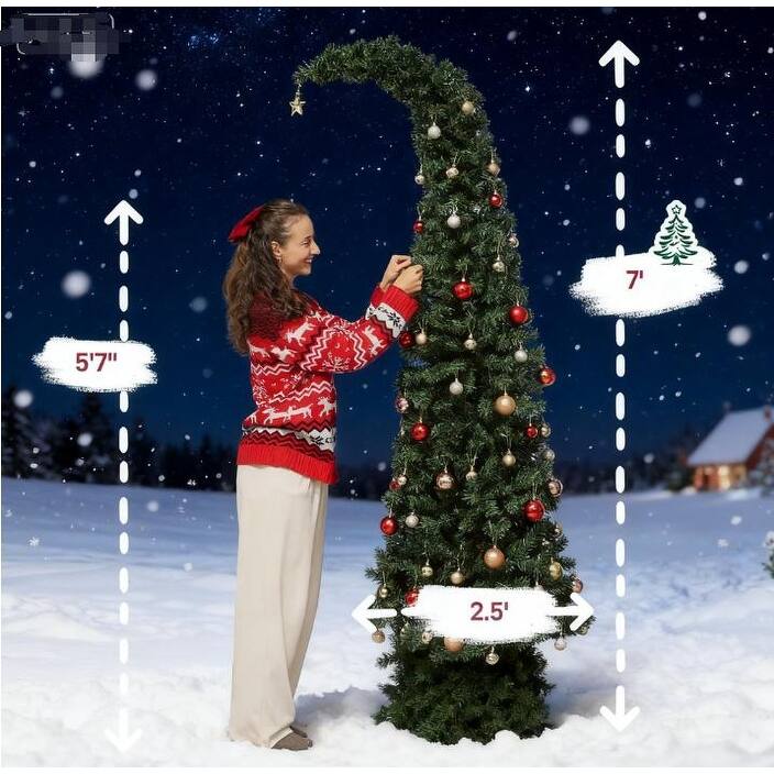 Pre-Lit Bent Top Christmas Tree - Whimsical Slim High Mountain Fir, LED Lights, Metal Stand - Green